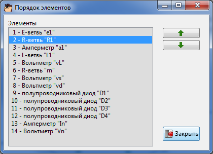 Окно изменения порядка элементов
